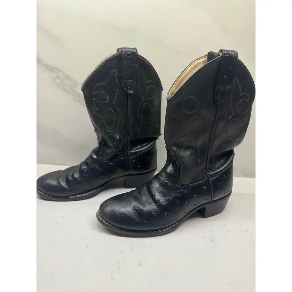 Old West Kids Size 1.5 Black Ostrich Cowboy Boots
